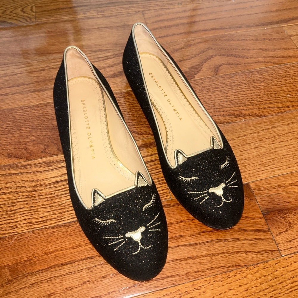 Charlotte Olympia Glittery Black Cat Loafers 38.5